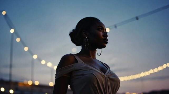 A stylish woman in an elegant off-shoulder dress stands against a twilight sky adorned with glowing string lights. The dreamy bokeh effect creates a warm, atmospheric evening scene.