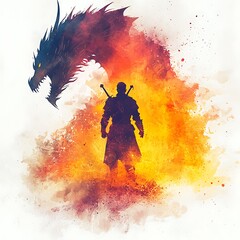 Fiery Dragon and Brave Knight A Digital Painting of Fantasy Confrontation.