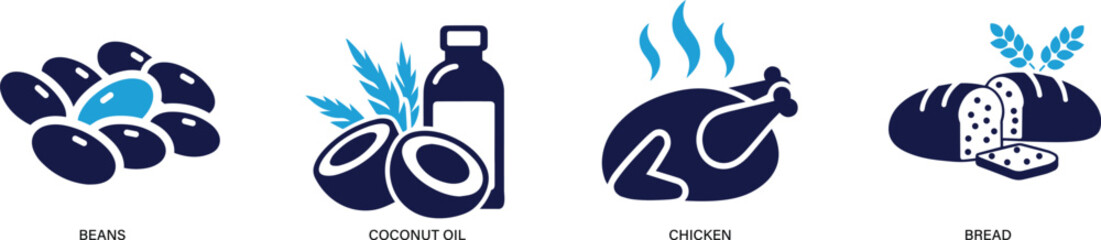  Nutrition icon set beans coconut oil , chicken, bread You can easily change the color.