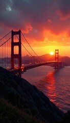 Golden sun bathes San Francisco's iconic skyline, dramatic cityscape at sunset , golden gate bridge, usa