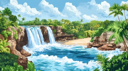 Serene pixelated tropical waterfall oasis with lush green vegetation and turquoise water a digital art landscape painting of paradise