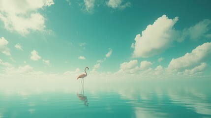 Flamingo Standing Alone in Calm Water Under Bright Blue Sky