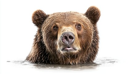 Obraz premium Close Up Of A Wet Brown Bear Emerging From Water Against A White Background