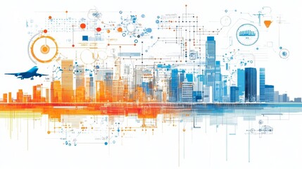 Obraz premium Dynamic city skyline illustration reflecting modern urban life and technology futuristic infrastructure network design conceptualization