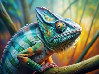 Fototapeta premium Vibrant Chameleon Close-Up: Tropical Wildlife Color Change