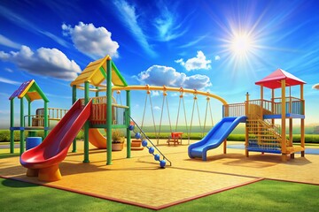 Vibrant Colorful Schoolyard Playground Backdrop: Sunny Day Landscape
