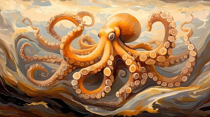 Orange Octopus in Dynamic Ocean Waves Digital Painting