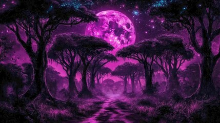 Fototapeta premium Enchanted lunar forest ethereal purple scene glowing full moon magical landscape nighttime trees fantasy backdrop scenic night nature dark