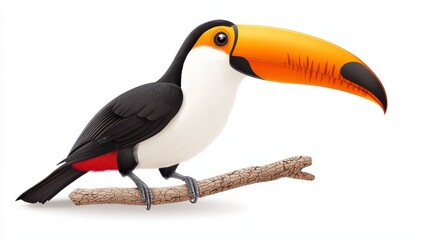 Naklejka premium Vibrant Toucan on Branch Black, White, and Orange Plumage against White Background
