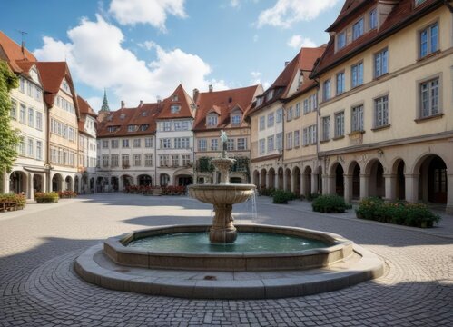 Historic city square in Tuttlingen with Aesculap Platz fountain and surrounding buildings, old town, fountain