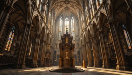 Obraz premium Majestic Gothic Cathedral Interior Sunlight Illuminates Architectural Details and Altar