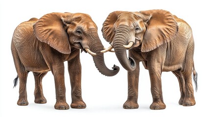 Obraz premium Two African Elephants Touching Trunks on White Background
