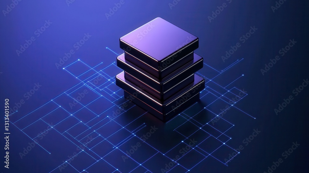 Poster A digital representation of stacked data layers on a grid, showcasing a modern, tech-inspired design with a blue and purple color scheme.
