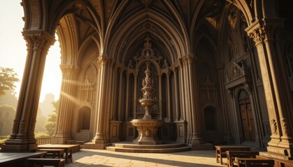 Fototapeta premium Sunlit Gothic Architecture Interior Majestic Fountain and Stone Columns