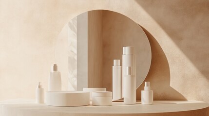 Cosmetic products on a table, sunlight reflection in a mirror, modern aesthetic