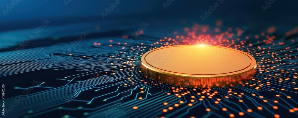 Poster A glowing coin rests on a circuit board, symbolizing digital currency and technology integration.