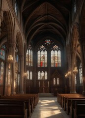 Fototapeta premium Interior of the church with stained glass windows and intricate wood carvings, faith, devotion