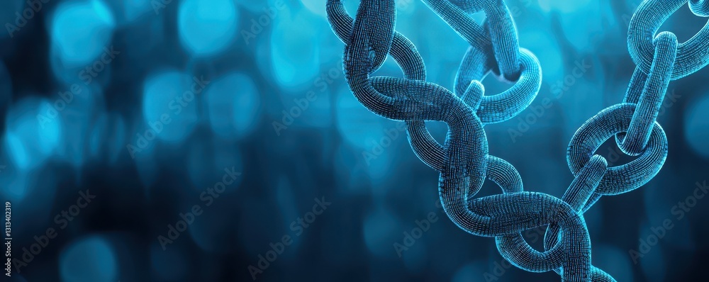 Poster a close-up of a metallic chain against a blurred blue background, highlighting its texture and intri