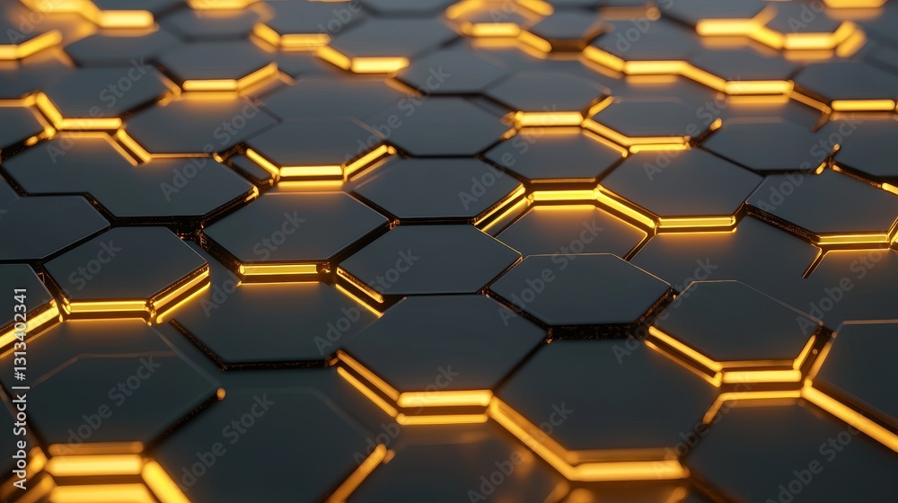 Aufkleber A close-up view of a sleek, hexagonal pattern illuminated with a warm golden glow, creating a modern and futuristic design.