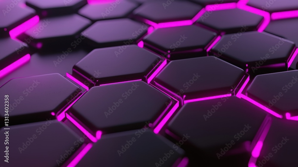 Poster A close-up of hexagonal patterns illuminated by vibrant pink light, creating a modern and sleek aesthetic, ideal for tech-themed designs.