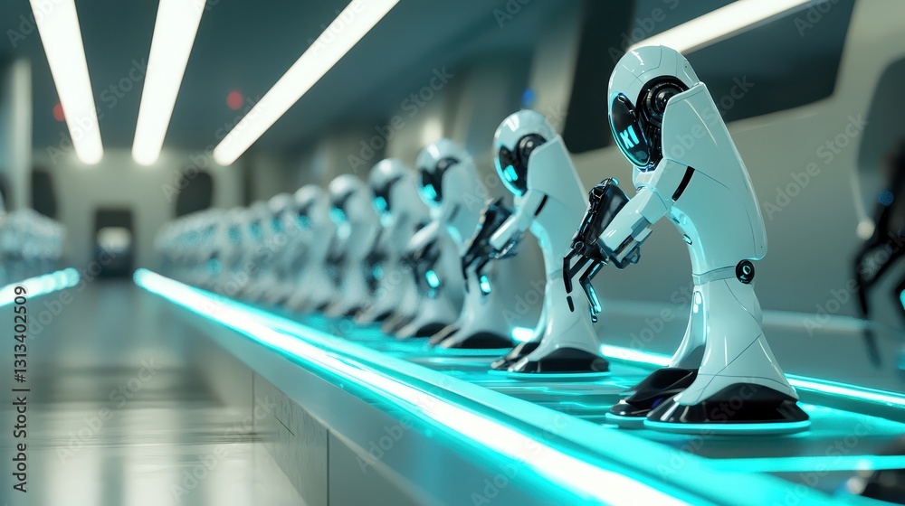 Poster futuristic robots in a high-tech laboratory setting working together