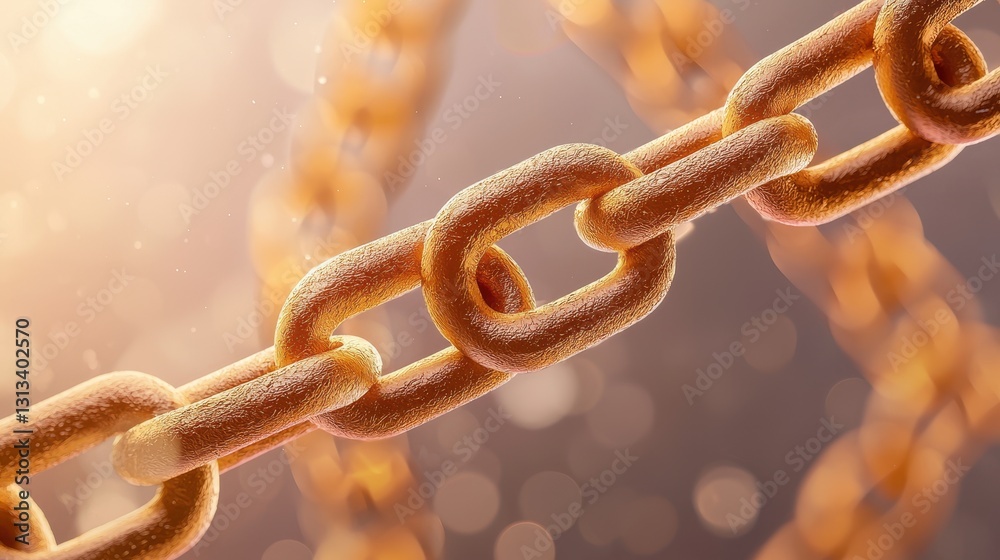 Poster a close-up view of a metallic chain glistening in warm light, emphasizing its texture and strength a