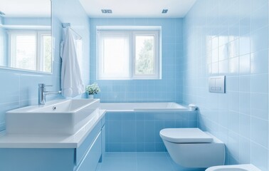 Fototapeta premium Bright and Modern Bathroom Interior Featuring Light Blue Tiles, Stylish Sink, and Contemporary Fixtures
