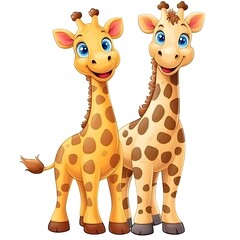 Two Cute Cartoon Giraffes on White Background