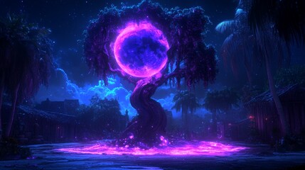 Obraz premium Mystical Portal Tree in a Glowing Forest Night Digital Art Fantasy Landscape Ethereal Magic Scene Surreal Dreamlike Vision