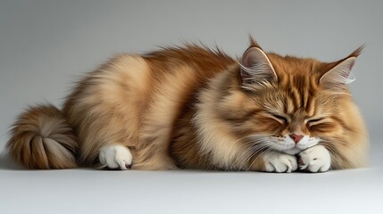 Sleeping Fluffy Orange Cat On Light Gray Background