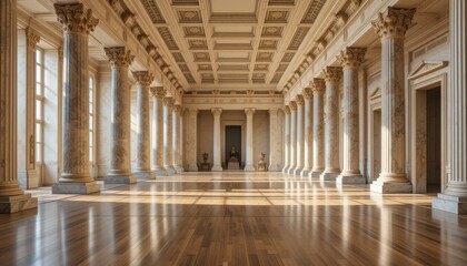 Obraz premium Sunlit Grand Hall with Marble Columns and Wooden Floor Elegant Interior Architecture