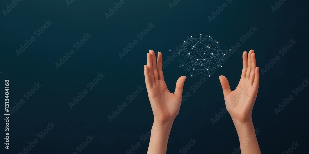 Poster a pair of hands reaching up, appearing to interact with a glowing, abstract sphere of light against 