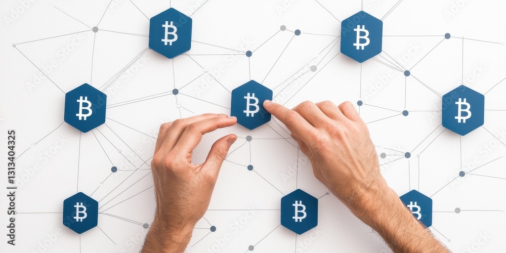 Poster Hands interacting with a network of Bitcoin icons, symbolizing blockchain technology and cryptocurrency connections.