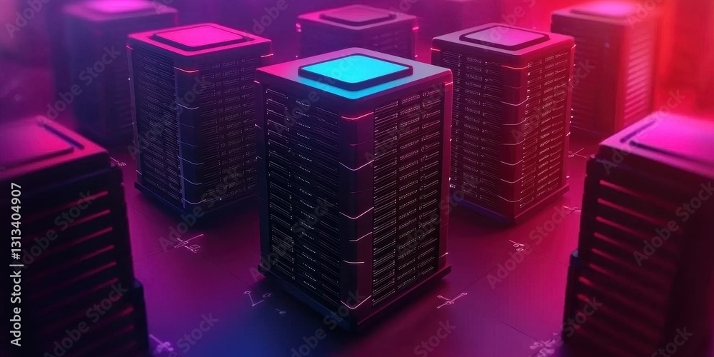 Poster A visually striking array of server units illuminated in vibrant colors, showcasing modern computing technology and data processing capabilities.