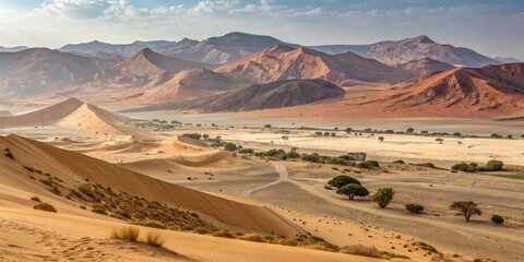 Fototapeta premium Landscape photography featuring a vast desert with shades of sand dunes in beige golden brown and crimson, desert terrain, sandy dunes, beige, landscape