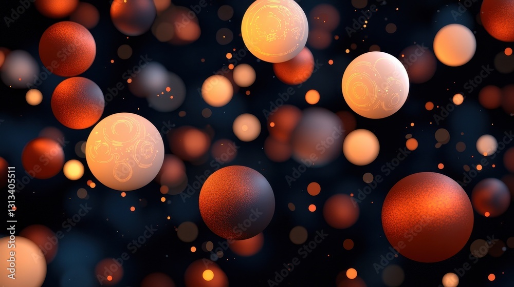 Poster A mesmerizing abstract image featuring floating spheres in various colors, creating a dynamic and ethereal atmosphere against a dark background.