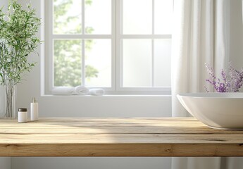 Bright and Serene Bathroom Scene with Wooden Table, White Bowl, Greenery, and Soft Linen Curtains for a Relaxing Ambiance and Natural Light
