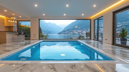 Obraz premium Indoor Pool with Lake View, Modern Home, Luxurious Interior