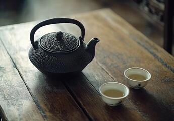 A beautifully crafted cast iron teapot with two traditional ceramic teacups filled with freshly brewed tea sits on a rustic wooden table, evoking a sense of tranquility and cultural elegance