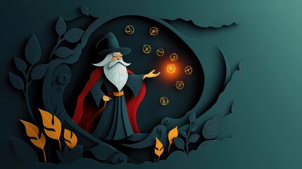 Mysterious Wizard Casting Spells with Wand Illuminated by Enigmatic Light