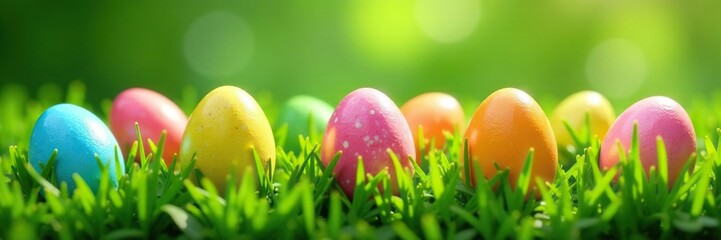Fototapeta premium Vibrant speckled eggs on green grass backdrop, springtime, template