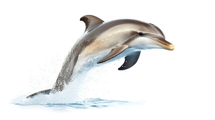 Fototapeta premium Playful Dolphin Leaping from Ocean Water, Gray and Brown, White Background
