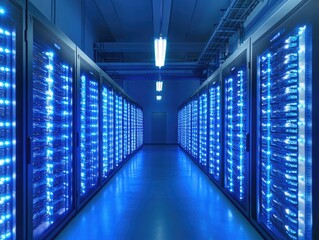 Fototapeta premium Rows of server racks with blue lights