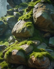 Obraz premium Lush green moss covering a weathered rock formation, mossy stone, outdoor landscape, terrain