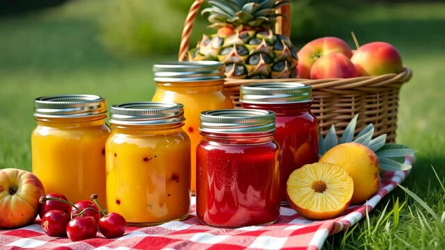 A basket of fruit and jars of fruit preserves. There are five jars of preserves and three apples