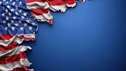 The torn American flag set against a bold blue color creates an impactful visual statement.