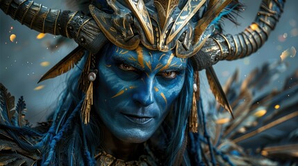 A striking figure with blue face paint and ornate horns, embodying a mystical character.