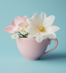 pink teacup filled with pink and white flowers against blue background, creating serene and cheerful atmosphere