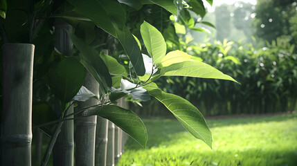 Green foliage with bamboo fence growing in the sunshine outdoors