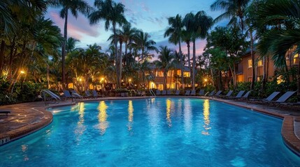 Obraz premium Tropical resort pool at twilight, illuminated